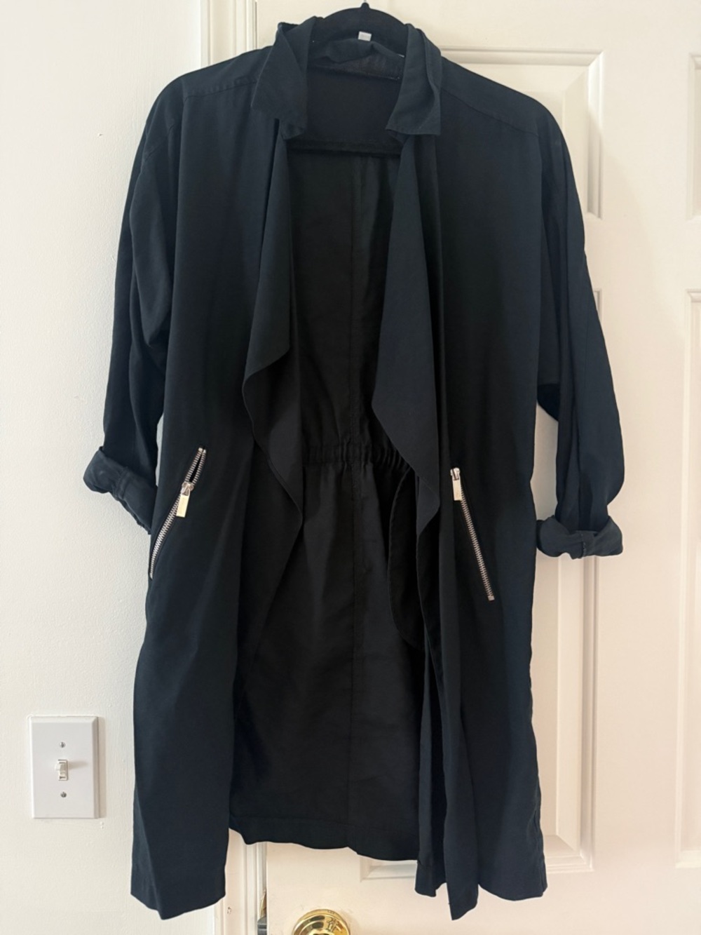 Sebby Collection Black Open-Front Trench Coat with Zip Pockets - Picture 2 of 7